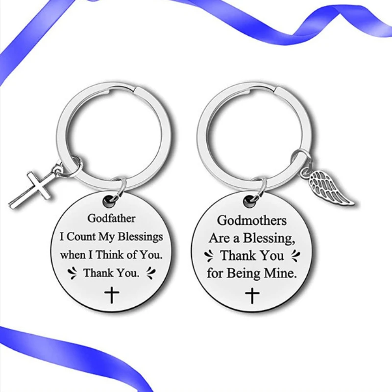 

godfather godmother cross wings Key Chains stainless steel Unique keyring charm Women Jewelry Man Accessories Pendant Gift