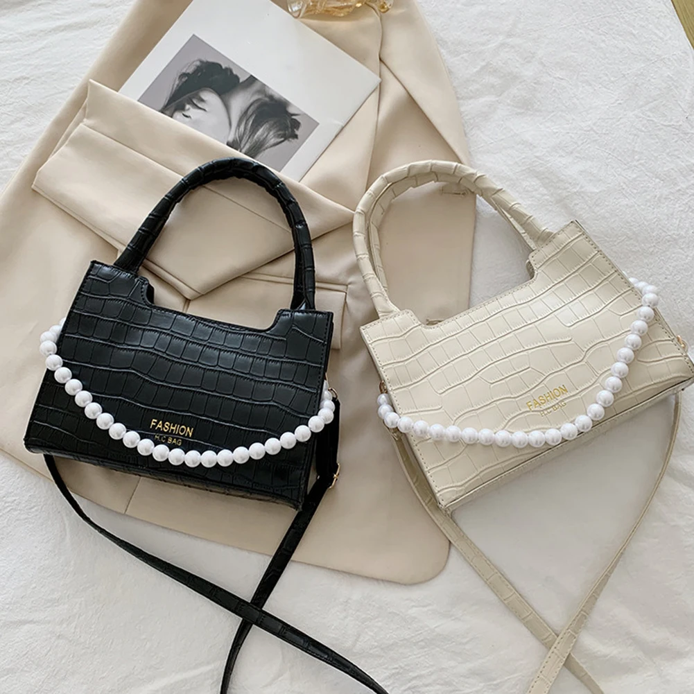 

Women Stone Pattern Pearl PU Crossbody Bag Ladies Solid Color Top-handle Handbag PU Leather Shoulder Crossbody Pouch