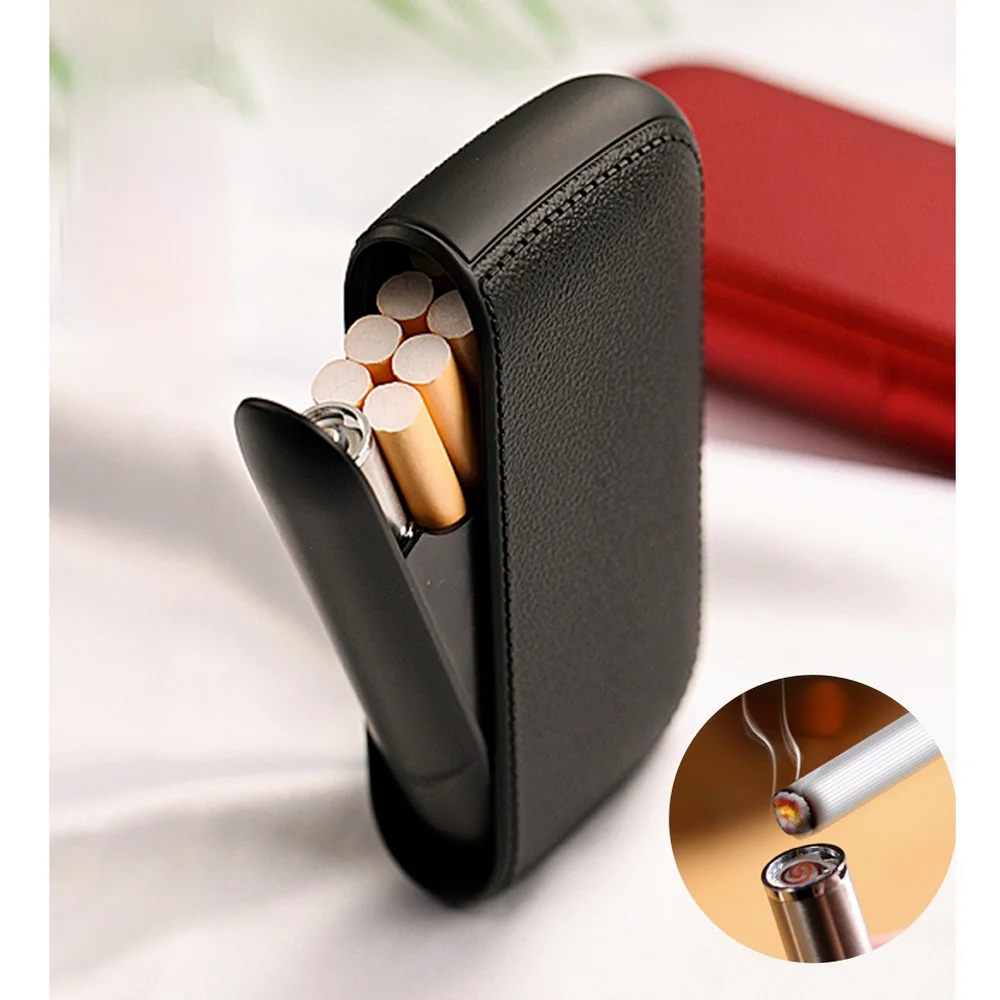 

Leather Smoking Case Men with Portable USB Electric Lighter Set Tungsten Coil Plasma Arc Electronic Lighter Gadget