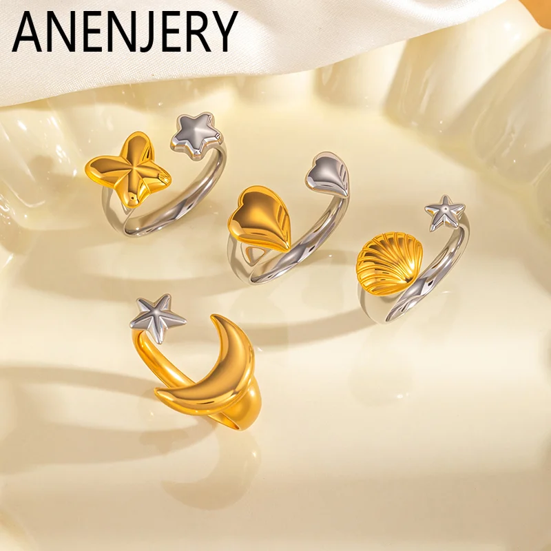 Фото ANENJERY Кольцо из нержавеющей стали 316L с луной, сердцем, звездой, ракушками и бабочкой, открытое, для женщин и мужчин, простое, роскошное, элегантное украшение, подарок. №1