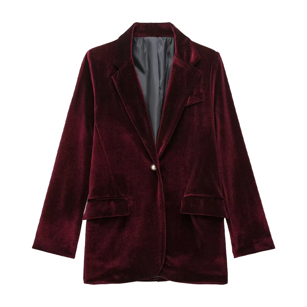 

WOMEN TRAF 2022 Winter Velvet Flip Pocket Trim Suit Jacket Office Retro Fashion Solid Color Temperament Female Chic Blazer Mujer
