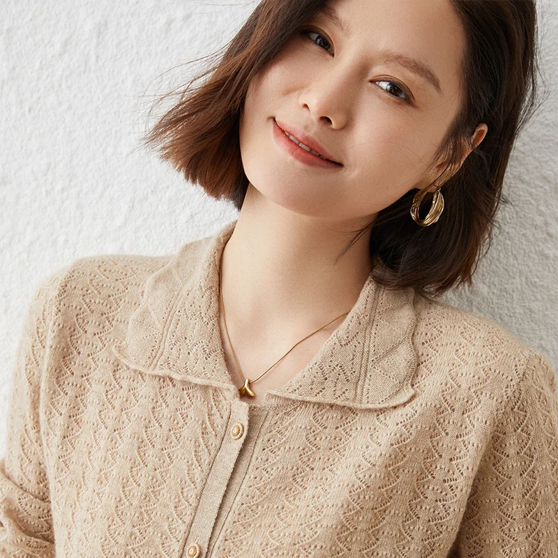 

Осень 2023, женский кардиган, 100% кашемировый вязаный свитер, шикарные топы, пальто с вырезами, Повседневная Свободная Женская рубашка с отложным воротником