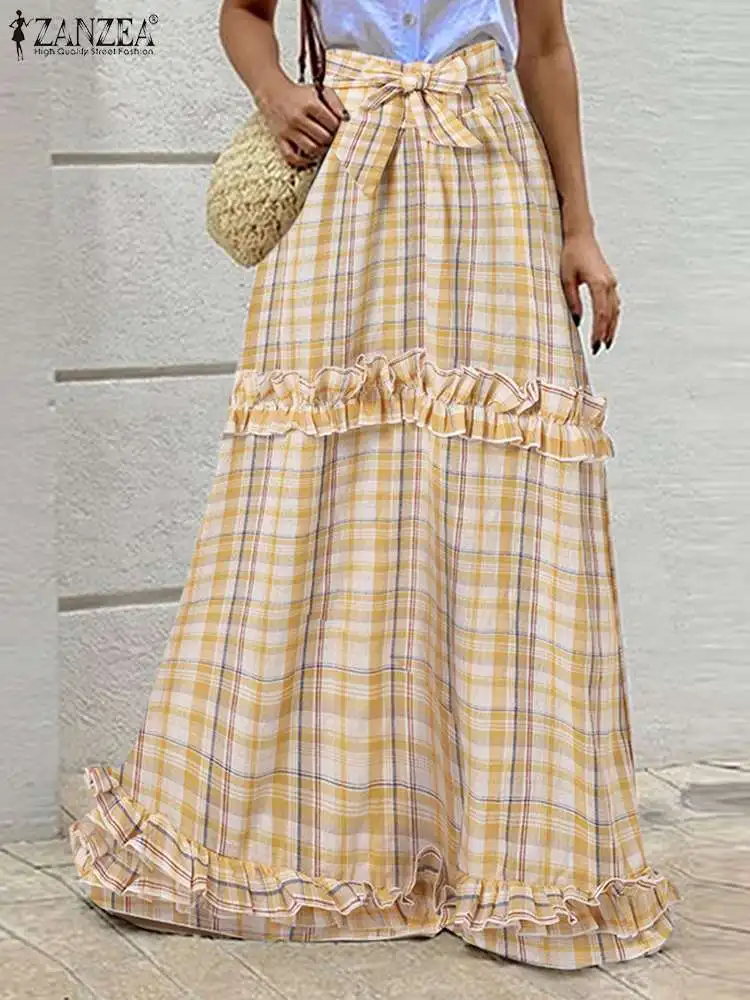 

ZANZEA Women Plaid Long Skirts Streetwear Fashion High Waist Bandage Jupes 2022 Autumn Agaric Pleats Stitching Maxi Faldas Femme