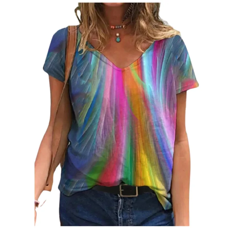 

New 2023 Summer Oversized T Shirts Women V-Neck 3D Gradient Tops 5XL Large Sizes Ladies Casual Short Sleeve Fashion Tee Clothes