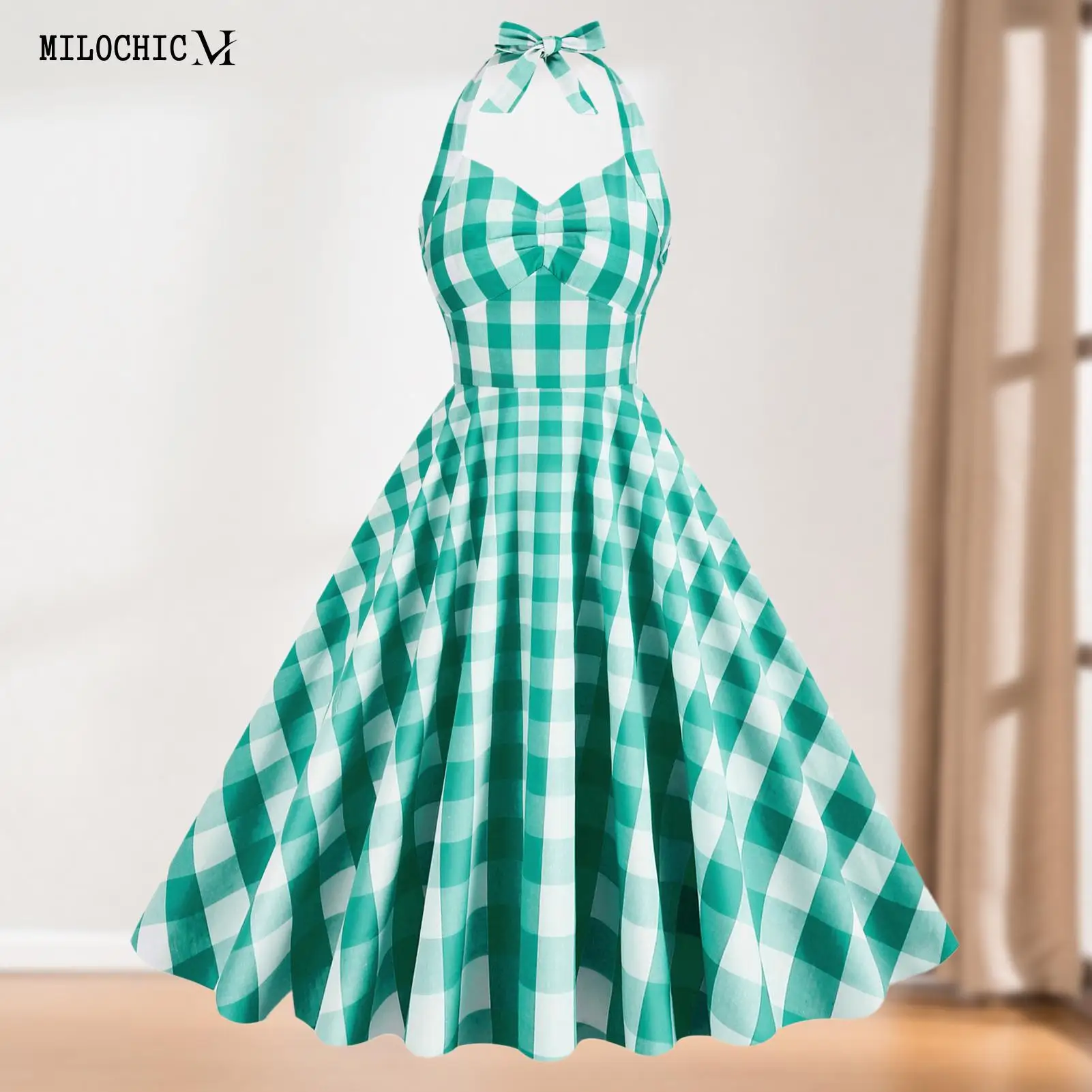 

Backless Women Pleated Short Dress Cotton Summer Sling Dress Lace Up Halter Plaid Dress Sexy Style Slim Fit Vacation Outfit