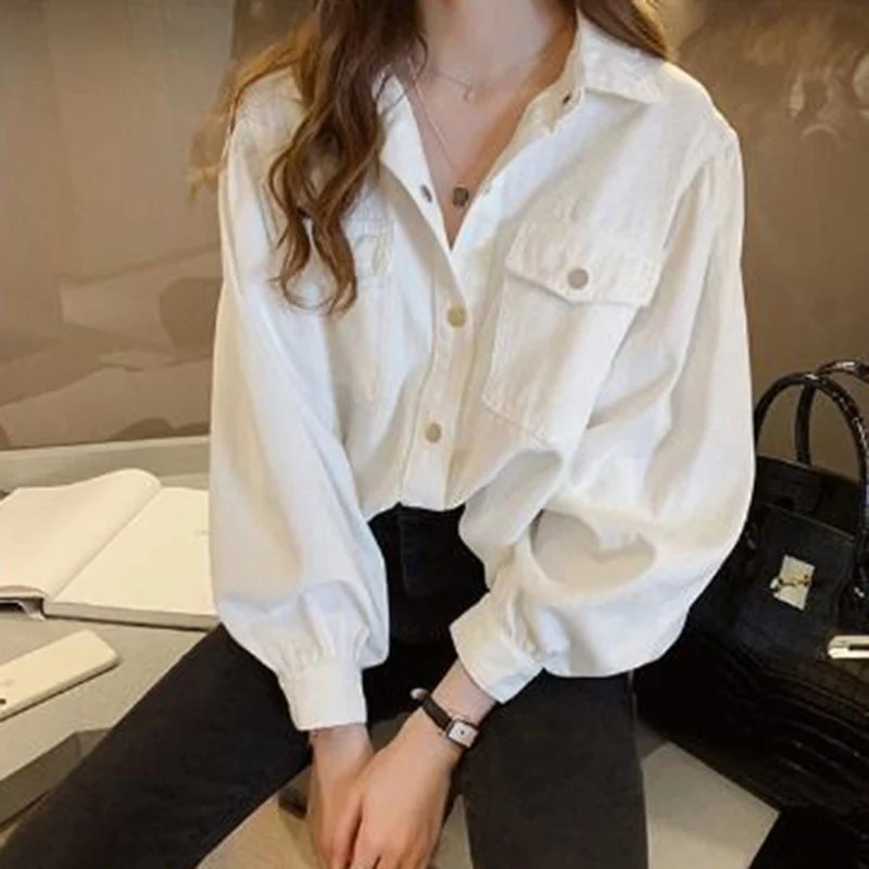 Autumn All Match White Shirt Women Fashion Loose Long Sleeve Office Lady Blouse Single Breasted Lapel Solid Casual Outerwear