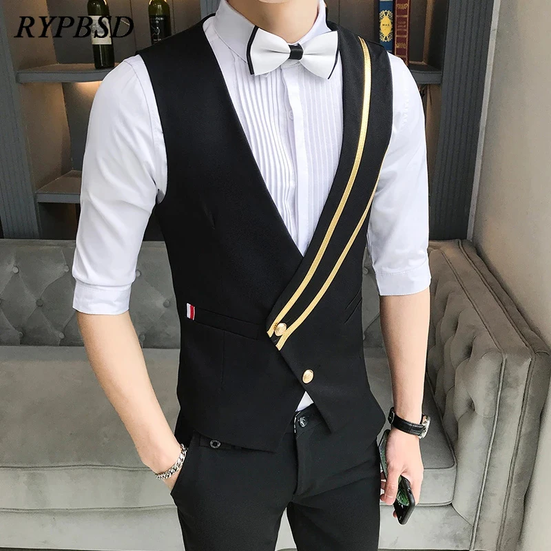 Business Suit Vest for Men Fashion Single-Breasted Bar Waiter Work Uniform Slim Black Wedding Dress Nightclub Vest Clothes 5XL