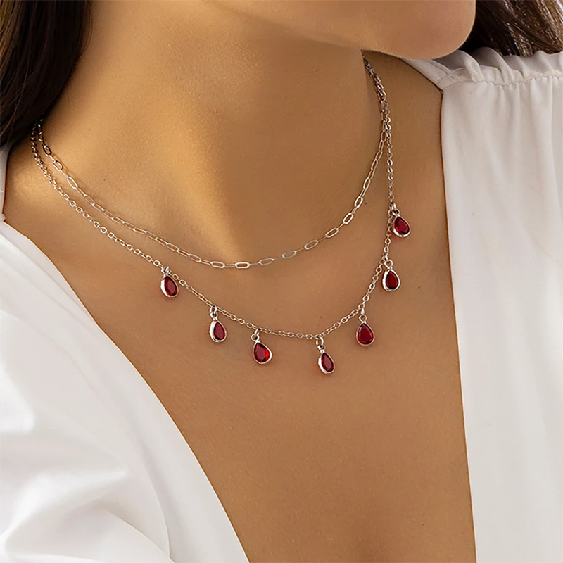 

XINSOM Water Drop Red Color Crystal Pendant Necklace For Women Multilayer Party Wedding Necklace Fashion Jewelry Girls Gift 2022