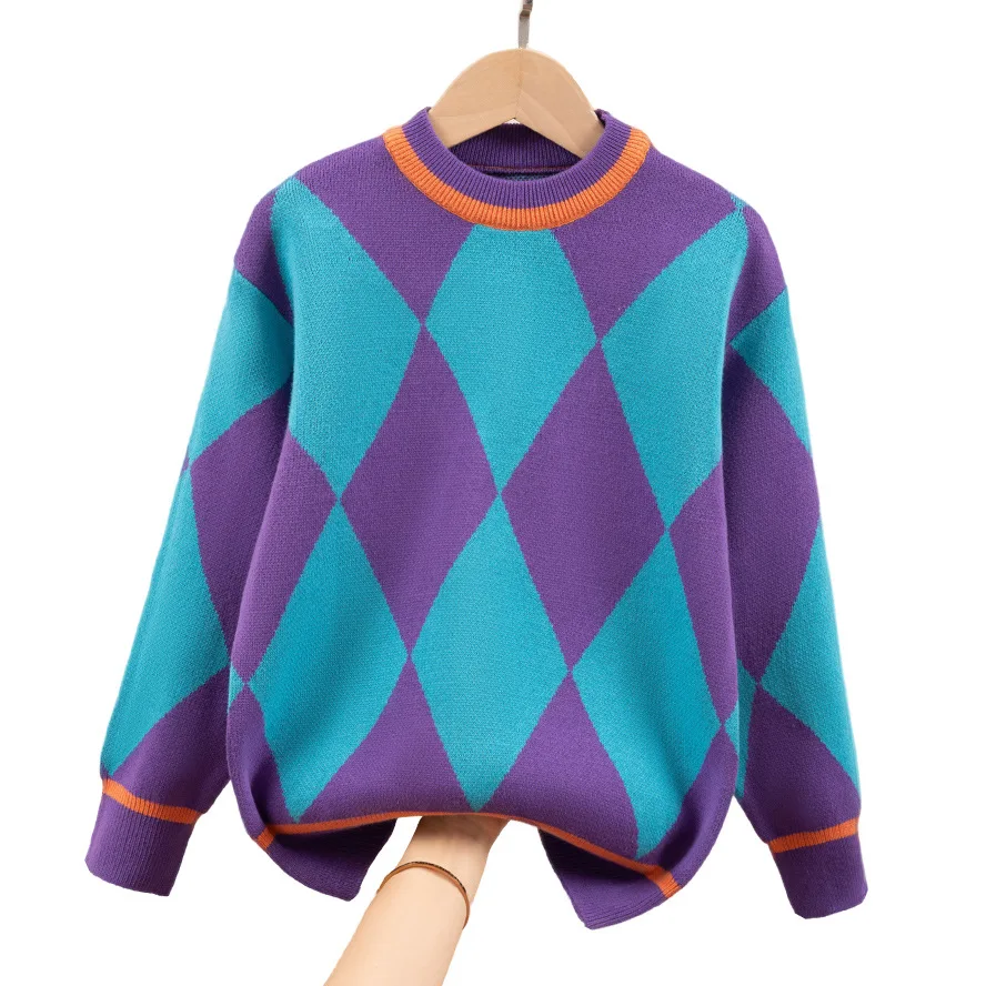 

Boys Girls Sweaters 2022 Autumn Winter Diamond Plaid Kids Knitted Thickened Warm Pullovers For Children's 5-15 Years Clothes