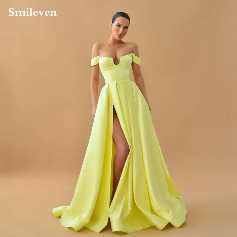 

Smileven Yellow Formal Evening Dresses A Line Off The Shoulder Occasion Dresses Side Split Party Dress robes de soiré 2023