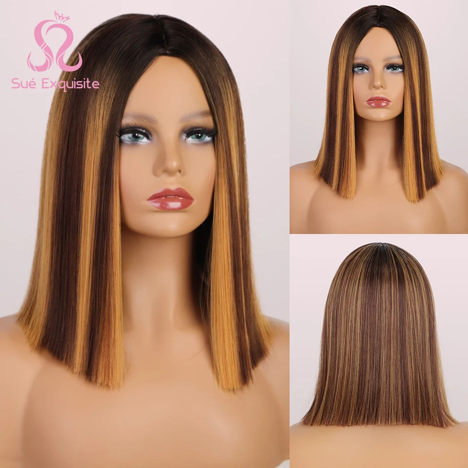 

SUe EXQUISITE Synthetic Wigs For Women Short Straight Ombre Black Red Blonde Pink Lolita Cosplay Party Natural Hair Perruque Bob