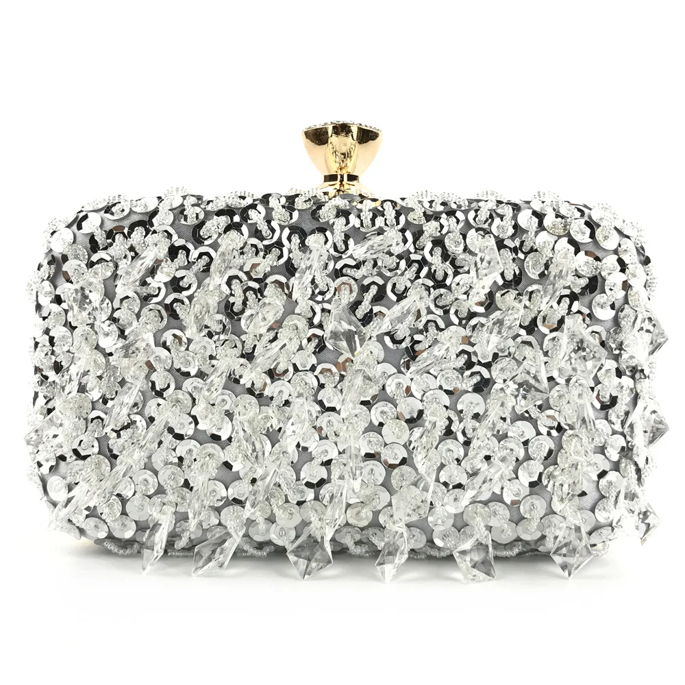 

beaded women evening bags embroidery flower metal small clutch shoulder chain handbags for party purse