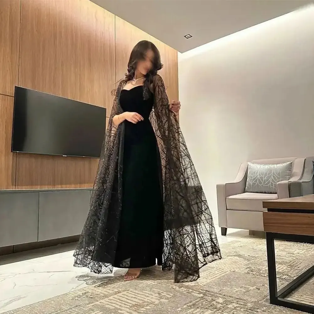 

2023 Black Lace shawl Evening Dresses A-line Formal Occasion Elegant Women Prom Gown Ankle Length Strapless Oversized Customized