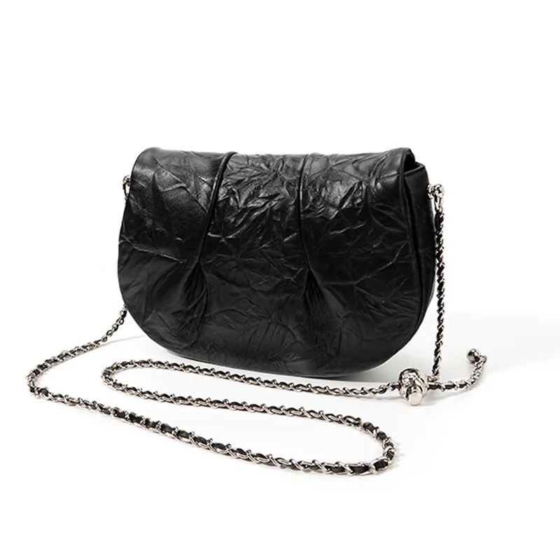 

Retro Saddle Bag Fashion Hundreds of Pleated HandBag Patent Genuine Leather Shoulder Bag 2023 New Women Leather Handbag