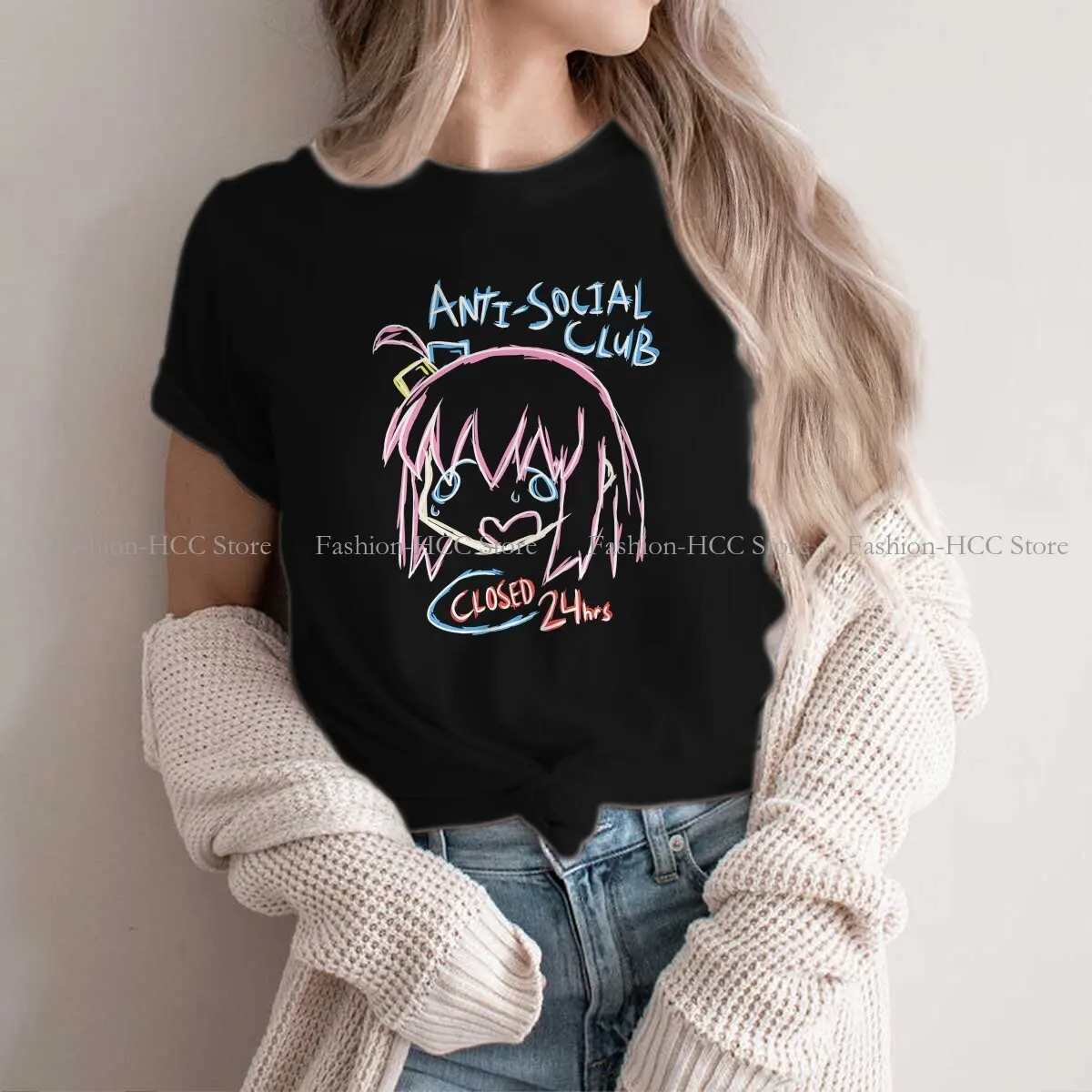 

Anti-Social Club Harajuku Polyester TShirt BOOCCHI THE ROCK Music Band Anime Printing Tops Leisure T Shirt Women Short Sleeve