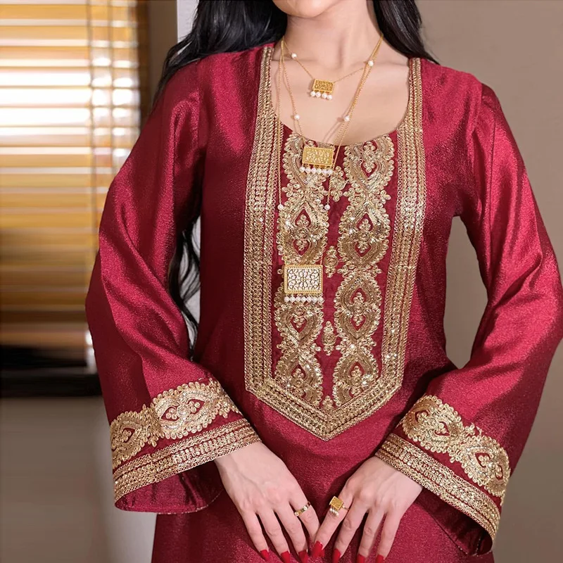 New Abaya Gold Silk Embroidered Sequins Middle Eastern Muslim Robe Dress Vestidos Arabes Dubai Y Turcos Moroccan Kaftan