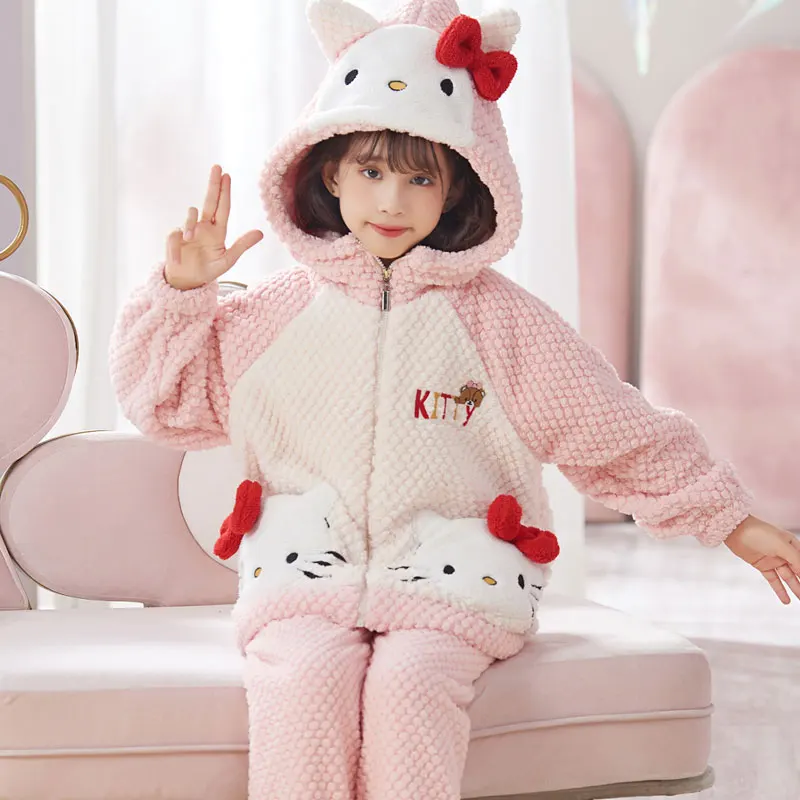 

Sanrios Hello Kittys Kuromi Cinnamoroll Winter Children's Pajamas Kawaii Cartoon Girl Hooded Zip Pajamas Girls Homewear Suit