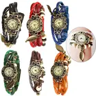 Винтажный Браслет, кварцевые наручные часы с плетеной окантовкой, кожаный ремешок, бусины в форме листьев для женщин XRQ88