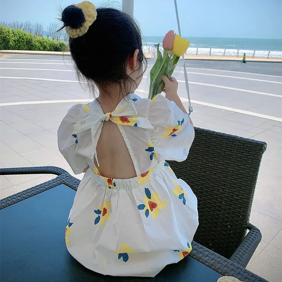 

2023 Summer 100% Cotton Girls Flowers Dress Back Lace-Up Short-Sleeved Bud Dress Fashion Kids Outfit Cute Toddler Baby Clothing