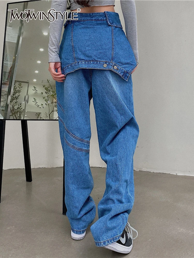 

TWOTWINSTYLE Casual Denim Jeans For Women High Waist Full Length Patchwork Button Streetwear Chic Jean Female Fashion Clothing
