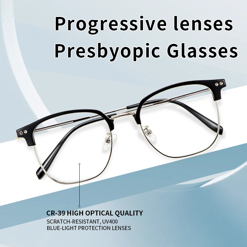 Многофокальные очки для чтения мужчин легкие металлические Полуободковые синие