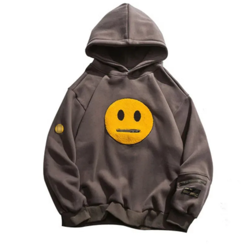 Zipper Pocket Smile Face Patchwork Fleece Hoodies Sweatshirts Streetwear Mens Hip Hop Casual Pullover Hooded Male Tops 1145