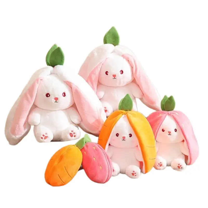 18-35cm Creative Funny Doll Carrot Rabbit Plush Toy Stuffed Soft Bunny Hiding in Strawberry Bag Toy for Kids Girls Birthday Gift