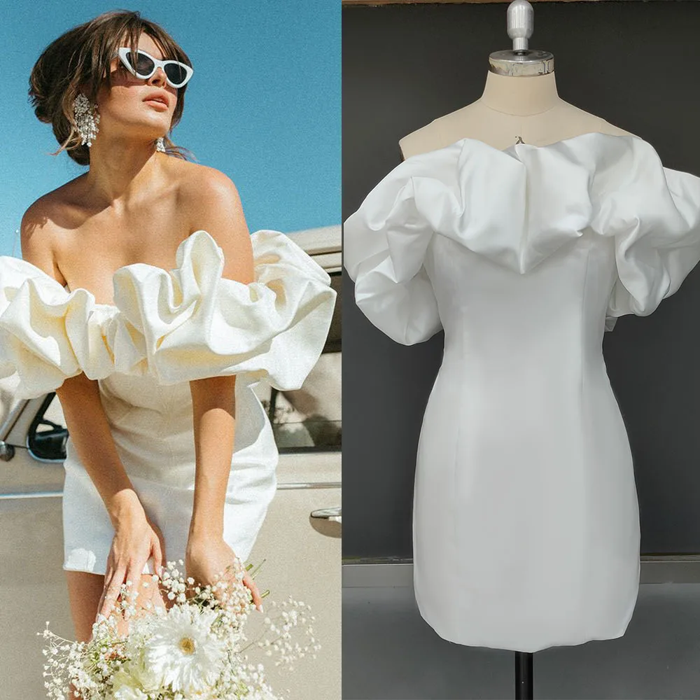 

Mini Length Satin Off Shoulder Micro Wedding Dress Custom Made Simple Simple Pick-Ups Above Knee Ivory Sexy Sheath Bridal Gowns