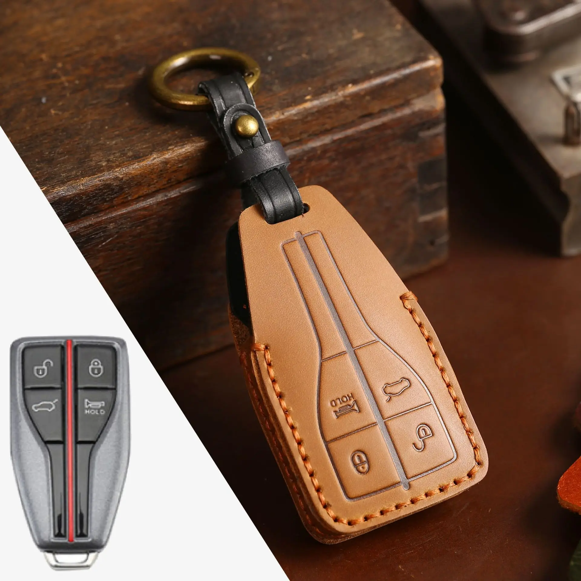 

Crazy Horse Leather Car Key Case Cover Fob Shell for Hongqi HS5 19 FAW HS7 HS9 Keychain Car Accessories