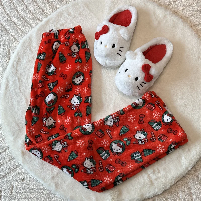 

Рождественские пижамные штаны Hello Kitty, мультяшный Sanrio Kt Cat Y2K, аниме, коралловые флисовые мягкие брюки, милый подарок для влюбленных на день рождения