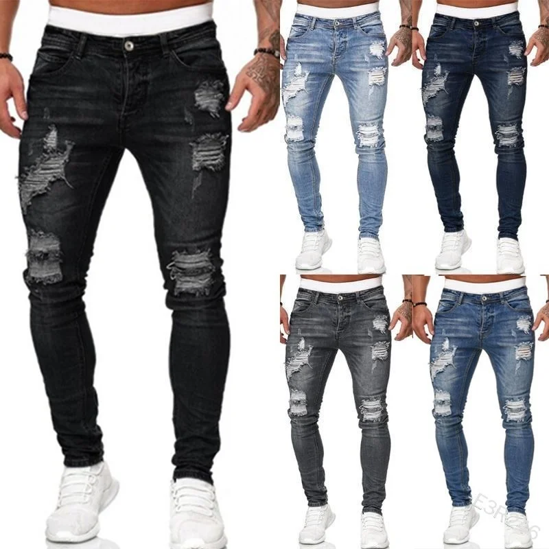 

Мужские рваные узкие джинсы, синие облегающие брюки-карандаш с дырками, байкерские повседневные брюки, уличная одежда 2022, джинсовая мужская...