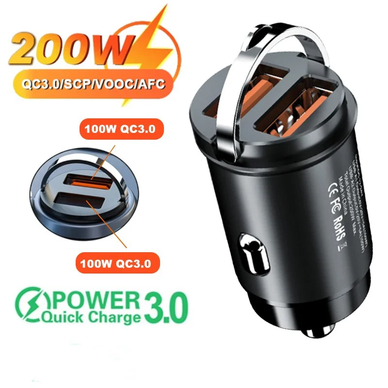 

100 Вт/200 Вт Мини Автомобильное зарядное устройство USB/QC3.0 PD 12-24 В, быстрая зарядка, автомобильное зарядное устройство USB Type-C, зажигалка для Xiaomi Samsung Huawei iPhone