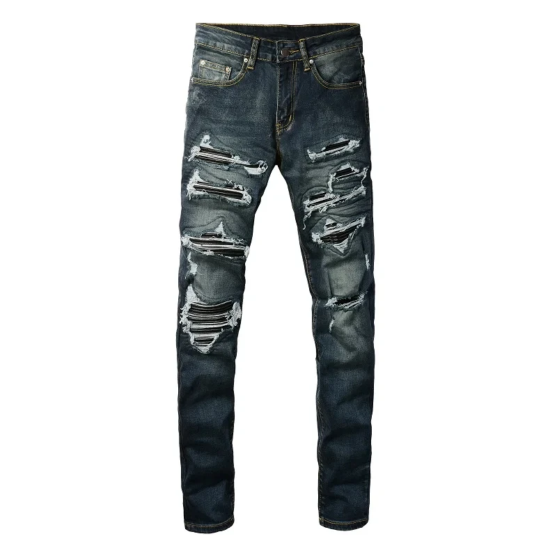 

AIKESSXX Deep Blue High Quality Street Fashion Distressed Stretch Slim Fit Damaged Holes Leather Ribs Patches Skinny Ripped Jean