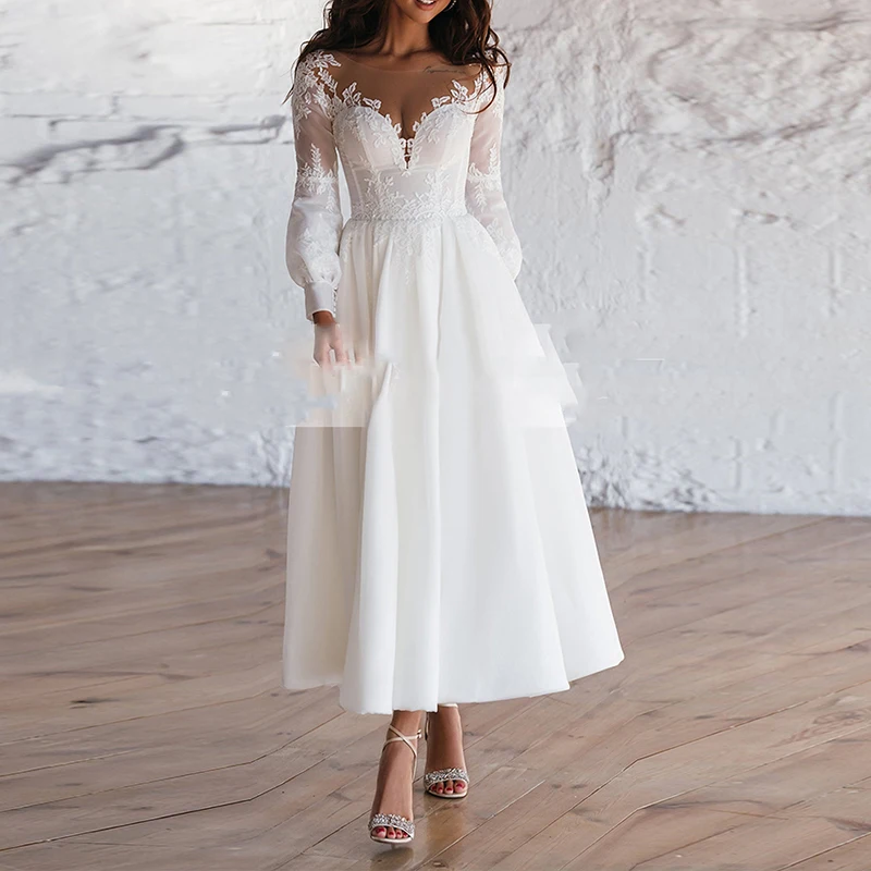 

Vintage Long Sleeves Bride Dress 2023 Sweetheart Back With Button Wedding Dresses Satin AppliquesTea Length Vestido De Novia