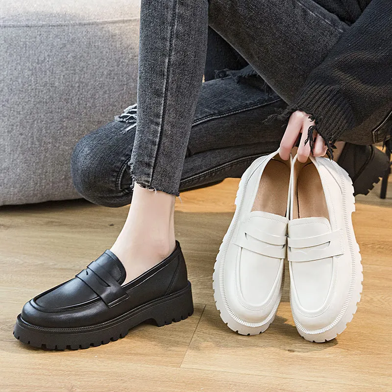 

2023 Spring Shoes Female British Style Thick-soled College Style Casual Loafers Genuine Leather Fashion Shoes Girls