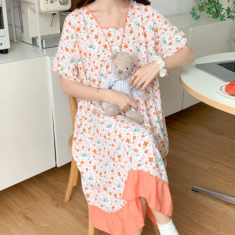Summer Girls' Sweet and Lovely Short Sleeved Pajamas Women Loose Oversized Nightgown Household Clothes Popular Cute Sleep Dress