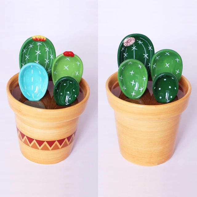 Cartoon Cactus Measuring Spoons Set Baking Tool with Holder Stand