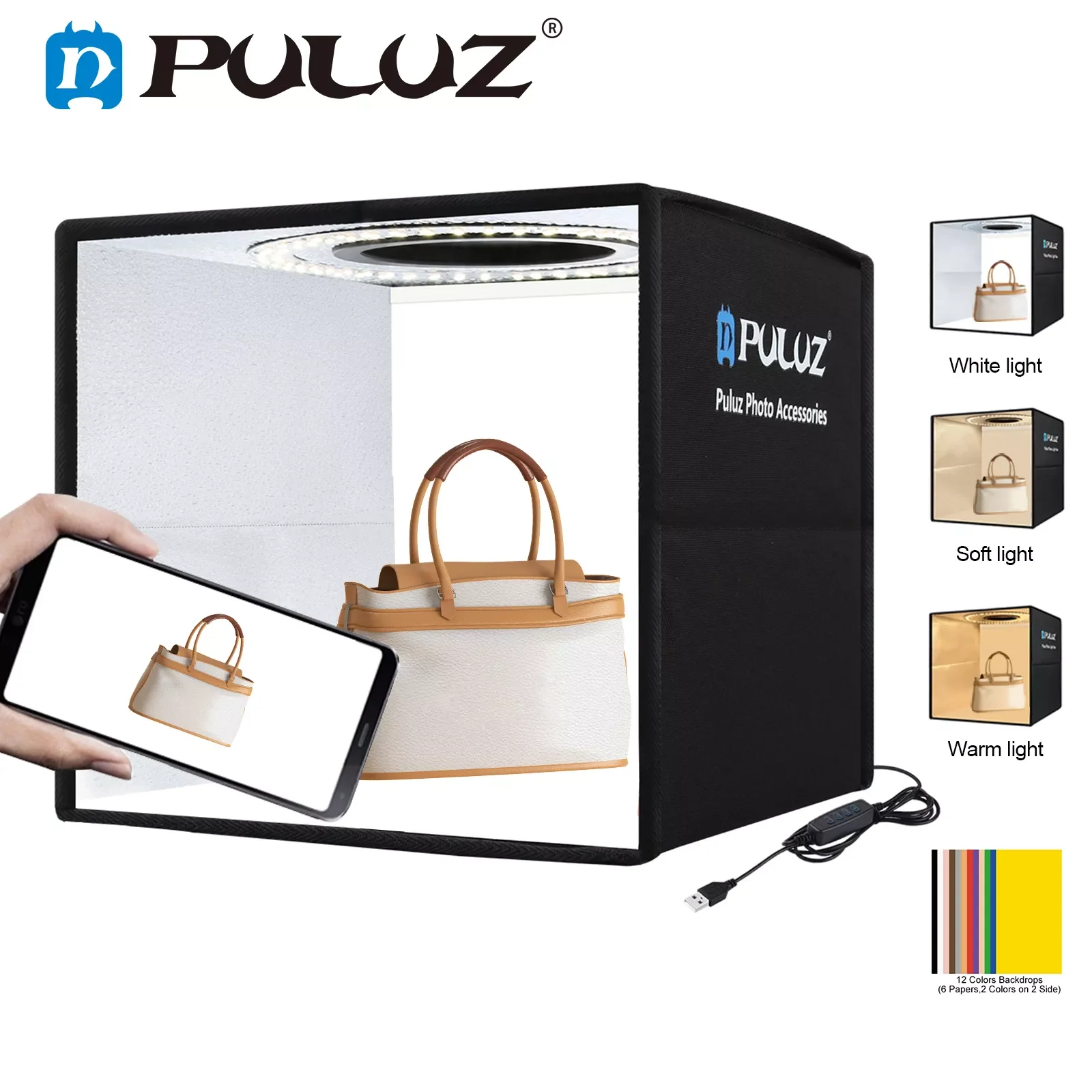 

PULUZ 25/40cm LED Ring Dimmable Lightbox 3 light modes Photo Lighting Studio Shooting Tent Box & 6 x Dual-side Color Backdro
