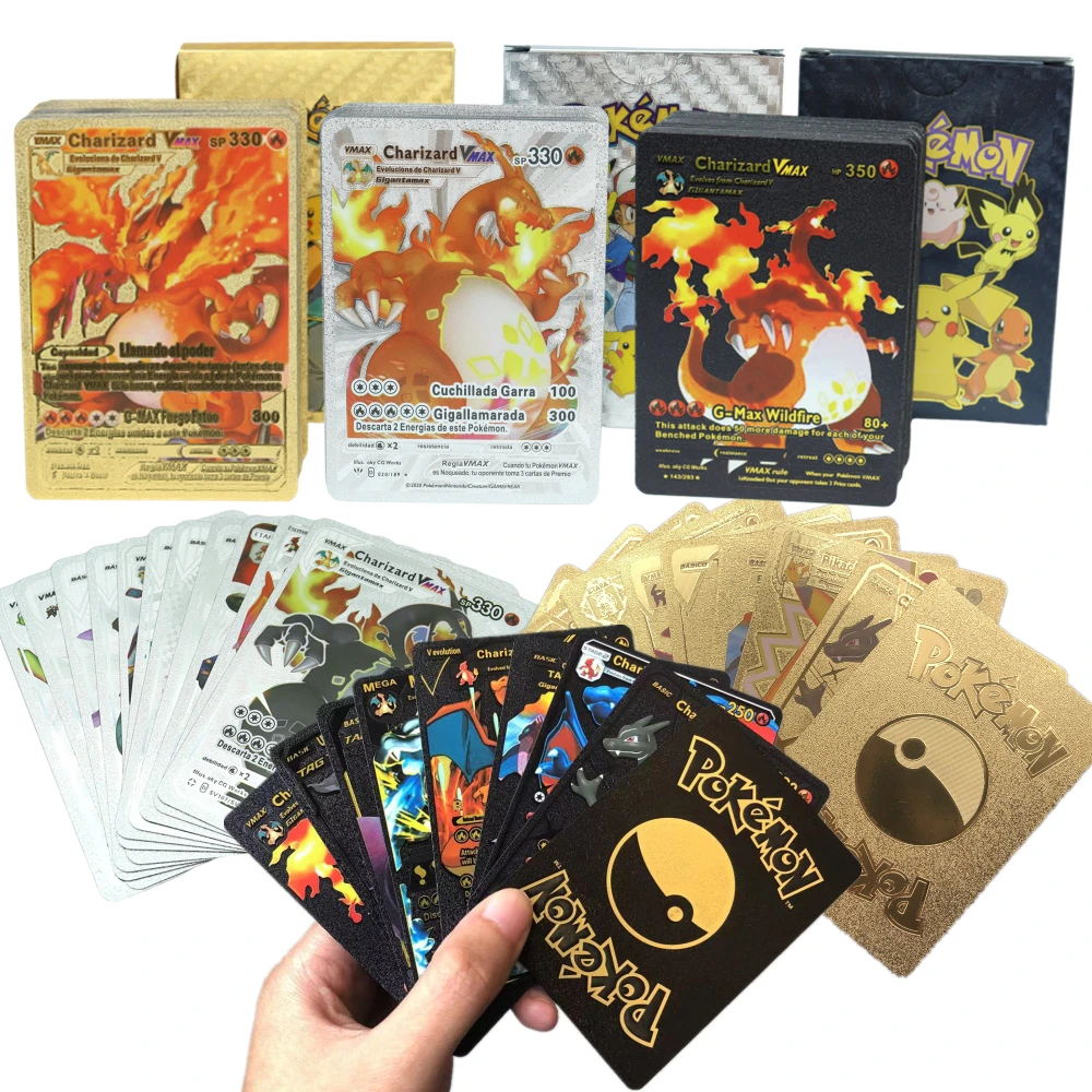 

New 27-55Pcs Pokemon Energy Metal Gold Cards Vmax English Spanish Charizard Pikachu Battle Trainer Collection Cards Childen Toys