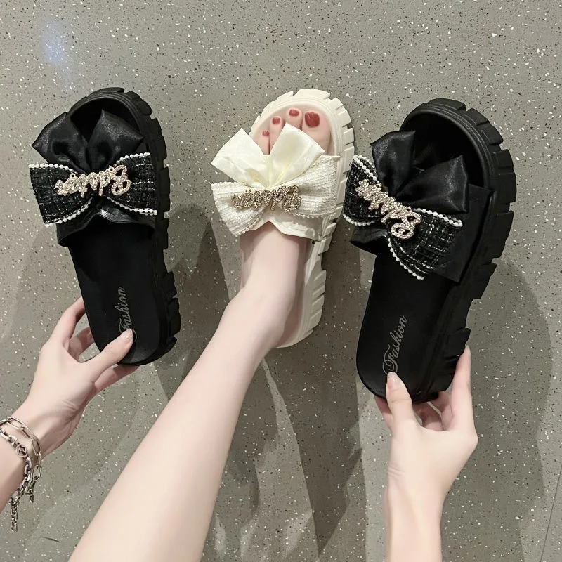 

Crystal Flats Platform Shoes 2023 New Fashion Women Bow Slippers Slingbacks Flip Flops Sandals Summer Casual Beach Dress Slides