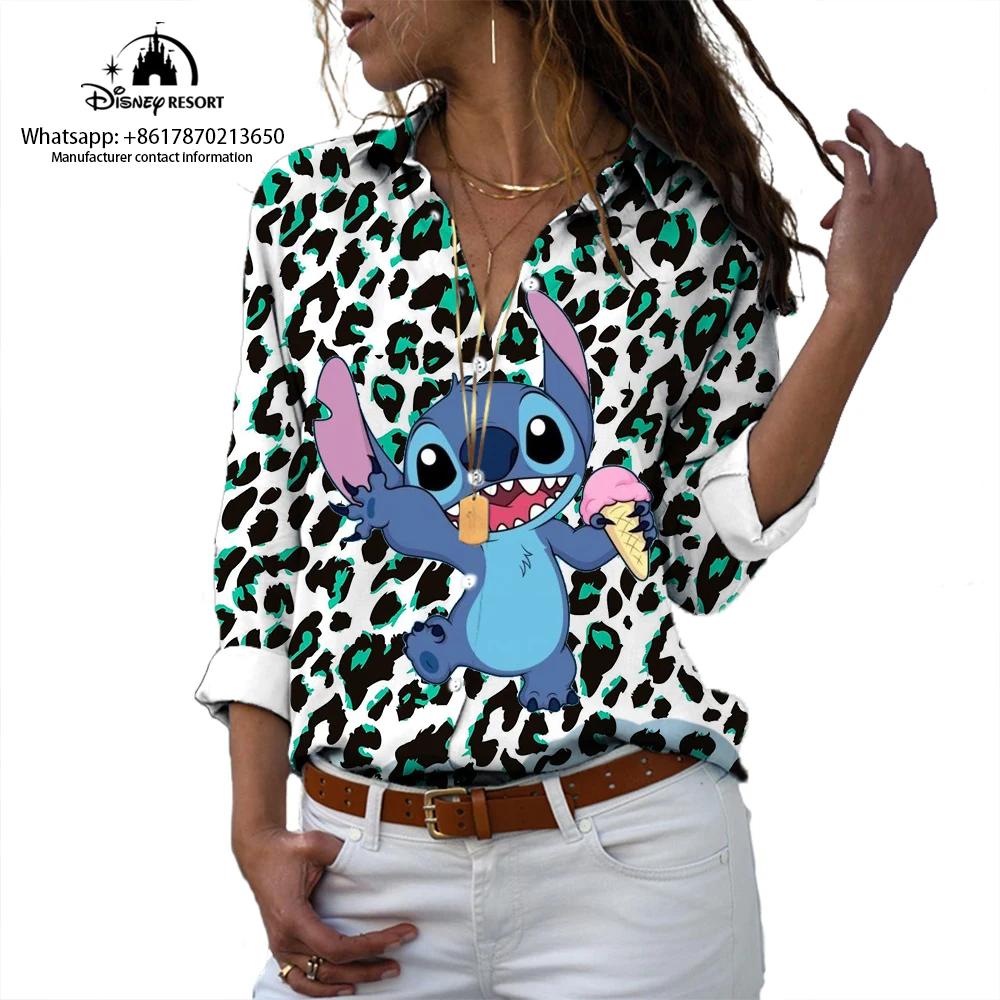 

Leopard Print Chiffon Shirt Disney Stitch Long Sleeve Shirt Women's Chic Vintage Loose Fit Shirt Casual Shirt Top