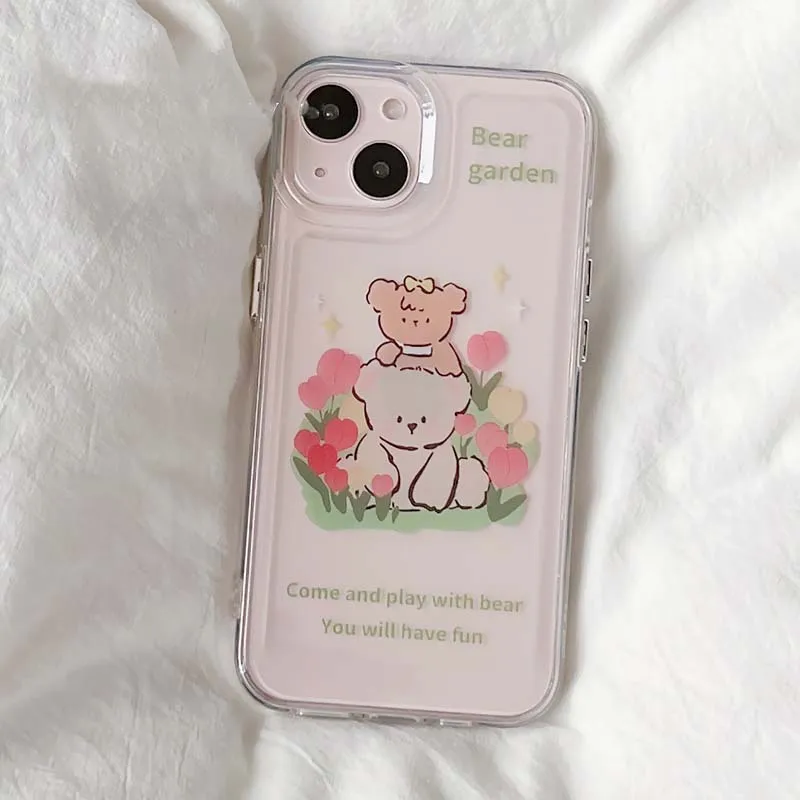 

Cute Tulips Bear Case for IPhone 14 11 13 12Mini Transparent Soft Silicone Protection Back Cover for IPhone 11Pro Max Fundas