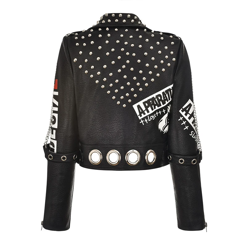 Motorcycle Leather Jacket Women Short Fashion Rock Punk Studded Streetwear Printed Black PU Leather Heavy Coats jaqueta de couro