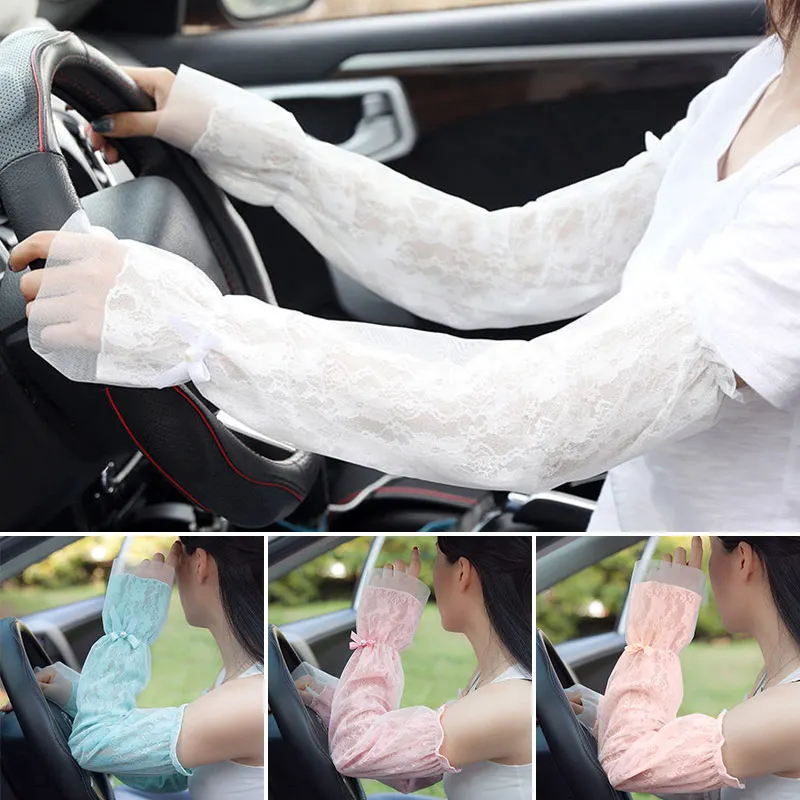 

Summer Long-sleeve Sun Protection Gloves with Bow Women Mesh Lace UP Thin Breathable Cycling Gloves Driving Arm Warmers Sleeves