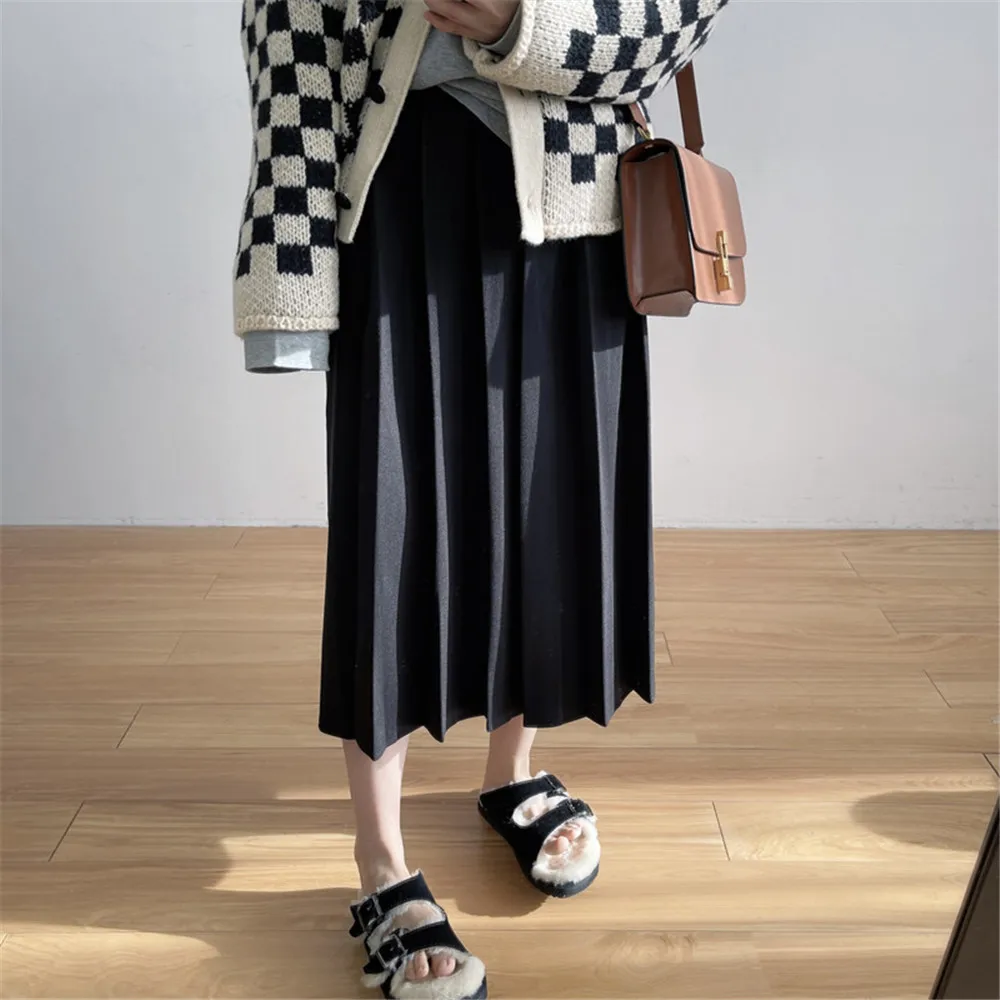 

Skirt High Waist All-match Black Elegant Mid-length A-line Skirt Pleated Woolen Skirt Women's Spring Autumn 2022 Office Lady
