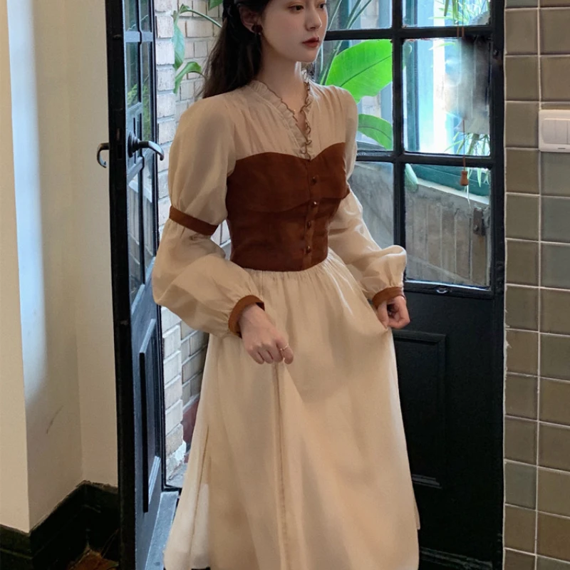 

Vintage Dresses for Women Long Sleeve V-neck Chiffon One-piece Dress Korean Evening Party Fairy Dress Elegant Female Spring 2022