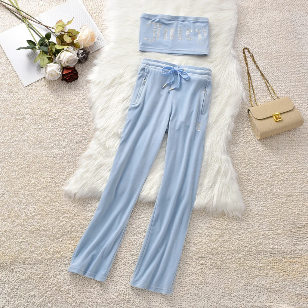 Juicy Coutoure Summer Chest Wrap Suit Sexy Bra Trousers 2 Pieces Solid Color Letters Juicy Rhinestone Velvet Home Sports 2Pc
