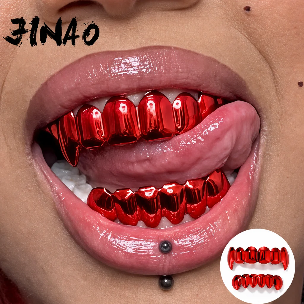 Фото Набор гриллов JINAO Hip Hop с 6 зубьями, гладкой поверхностью, темно-красного цвета, в стиле вампирских клыков, для верхней и нижней челюсти, блестящие, в стиле Y2K, для панка, рэпера, на Рождество. №1
