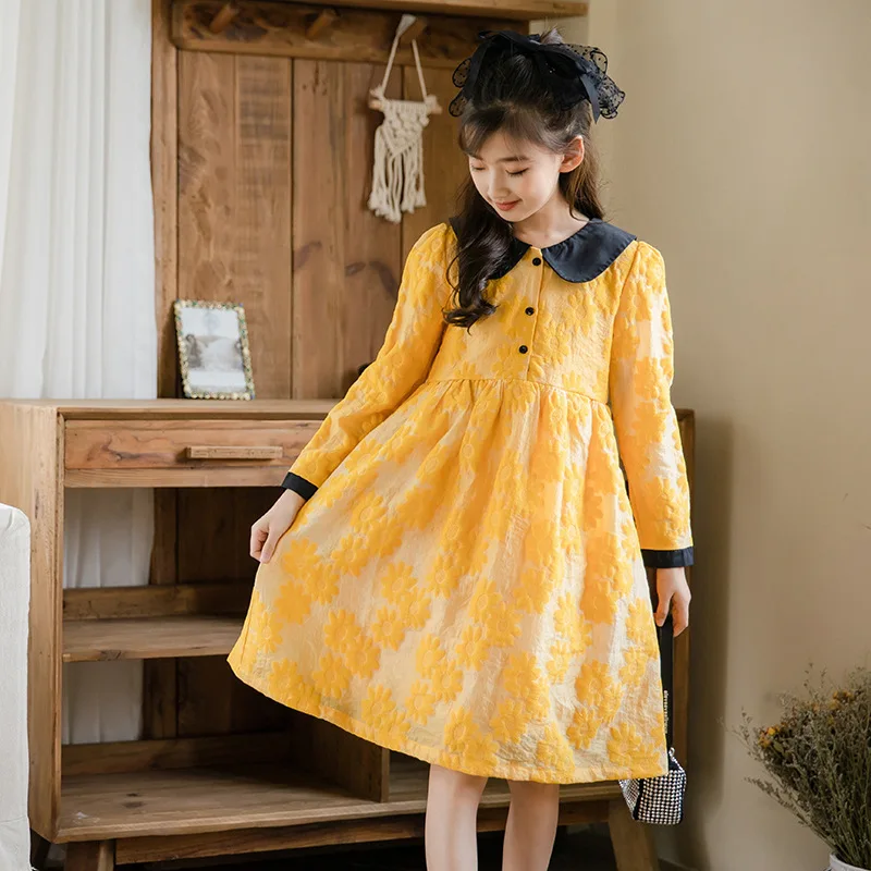 

Kids Clothes Girls Embroidery Flower Dresses 8 10 years Sweet Yellow Party Clothes for Children Girl