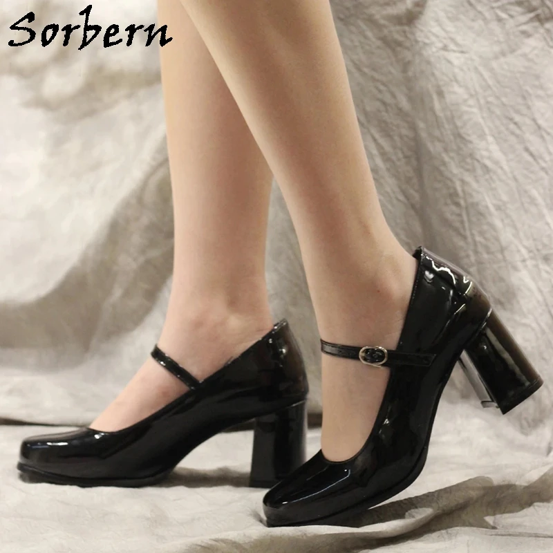 

Sorbern Vintage Gogo Women Pump Shoes Mary Janes Square Toe Hoof Heels Crossdresser Unisex Shoe Cosplay Pump High Heel